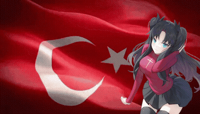 A Girl With A Cross On Her Shirt Stands In Front Of A Flag GIF