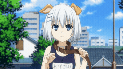 A Girl With A Dog Collar And Ears Is Wearing A Swimsuit That Says ' Origami ' On It GIF