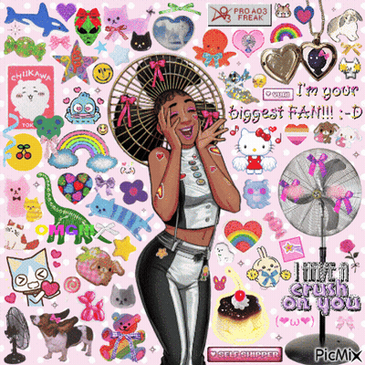A Girl With A Fan On Her Head Is Surrounded By Stickers Including Hello Kitty GIF