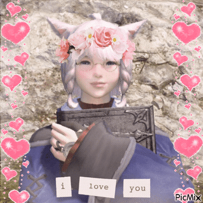 A Girl With A Flower Crown On Her Head Is Holding A Book And A Sign That Says " I Love You " GIF