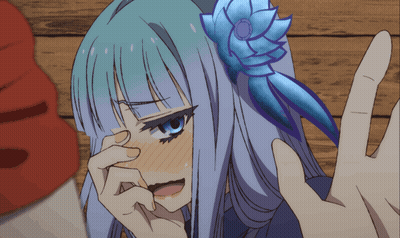 A Girl With A Flower In Her Hair Is Covering Her Face GIF