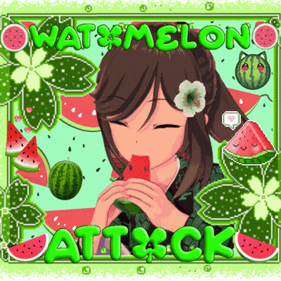 A Girl With A Flower In Her Hair Is Eating A Watermelon With The Words Watermelon Attack Above Her GIF