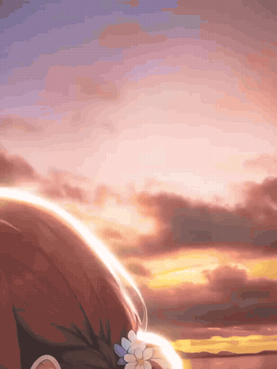 A Girl With A Flower In Her Hair Stands In Front Of A Sunset Sky GIF