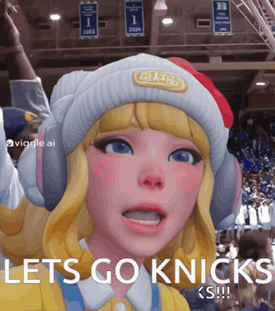 A Girl With A Hello Kitty Hat And Headphones Says Let 'S Go Knicks GIF