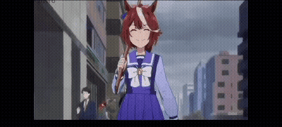 A Girl With A Horse On Her Head Is Walking Down A City Street . GIF