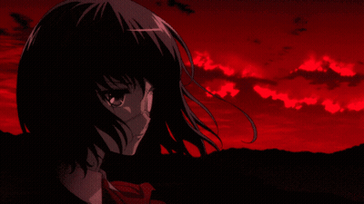 A Girl With A Mask On Her Face Is Standing In Front Of A Red Sky GIF