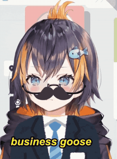 A Girl With A Mustache Is Wearing A Suit And Tie And Says " Business Goose " GIF