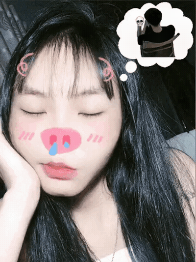A Girl With A Pig Nose And A Thought Bubble Of A Skeleton GIF