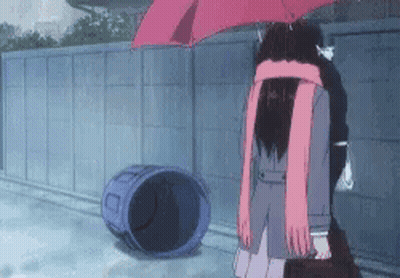A Girl With A Pink Scarf Is Holding An Umbrella In The Rain Next To A Trash Can . GIF