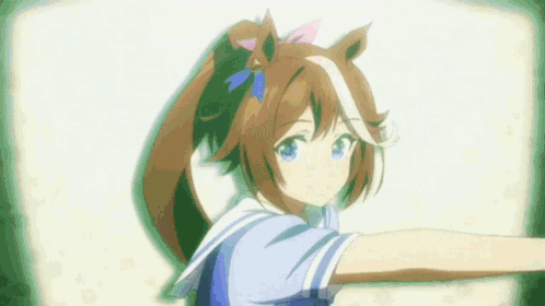 A Girl With A Ponytail And Blue Eyes Is Standing In Front Of A White Wall With Her Arms Outstretched . GIF