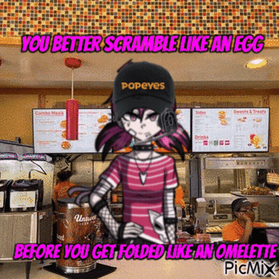 A Girl With A Popeye Hat Is Standing In A Restaurant GIF