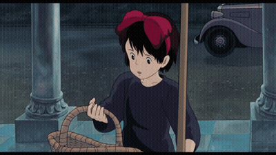 A Girl With A Red Bow On Her Head Is Holding A Basket In The Rain GIF