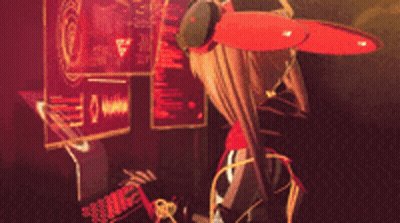 A Girl With A Red Scarf Around Her Neck Is Standing In Front Of A Monitor GIF