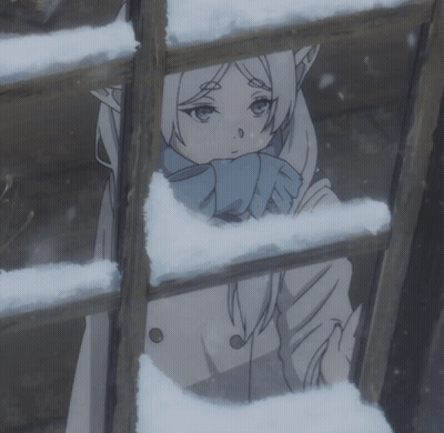 A Girl With A Scarf Around Her Neck Is Looking Out A Window In The Snow GIF