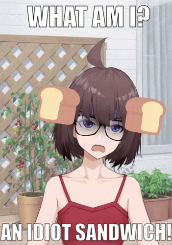 A Girl With A Slice Of Bread On Her Head Says " What Am I " GIF