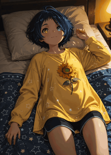 A Girl With A Sunflower On Her Shirt Is Laying On A Bed GIF