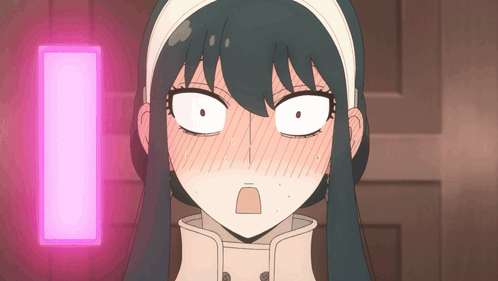 A Girl With A Surprised Look On Her Face Is Standing In Front Of A Pink Light GIF
