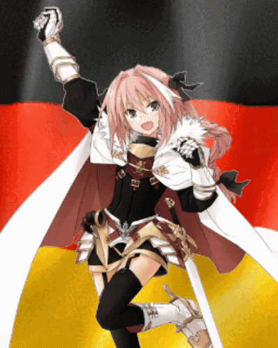 A Girl With A Sword Is Standing In Front Of A Flag GIF
