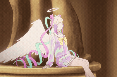 A Girl With Angel Wings And A Halo On Her Head Sits On A Pedestal GIF