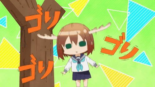 A Girl With Antlers Is Standing In Front Of A Tree With Chinese Writing On It GIF