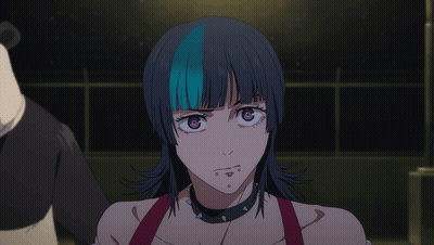 a girl with black and blue hair has purple eyes and a choker around her neck