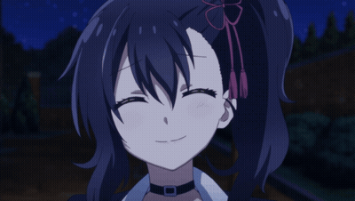 A Girl With Black Hair And A Choker On Her Neck Is Smiling GIF