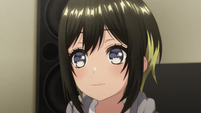 A Girl With Black Hair And Blue Eyes Is Looking At The Camera GIF