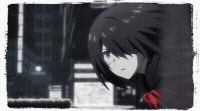 A Girl With Black Hair And Blue Eyes Is Looking Down GIF