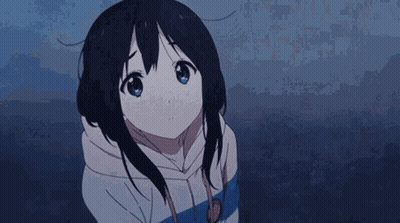 A Girl With Black Hair And Blue Eyes Is Wearing A Striped Hoodie . GIF