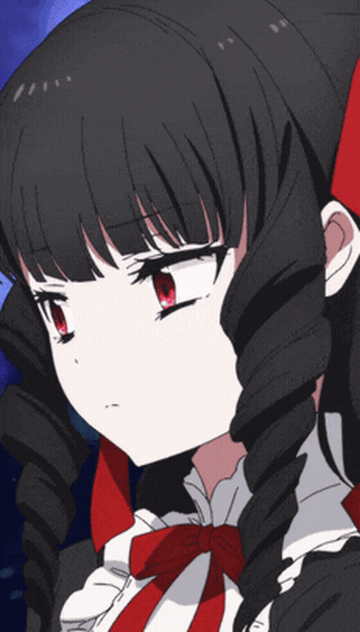 A Girl With Black Hair And Red Eyes Has A Red Bow GIF