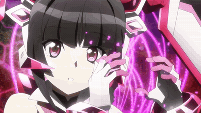 A Girl With Black Hair And White Gloves Is Surrounded By Purple Circles GIF
