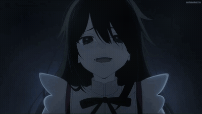A Girl With Black Hair And Wings Is Smiling In A Dark Room GIF