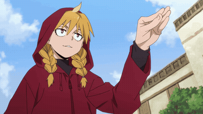 A Girl With Blonde Braids Wearing A Red Jacket With A Hood Is Standing In Front Of A Building GIF