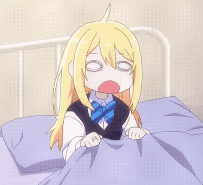 A Girl With Blonde Hair And A Blue Bow Tie Is Laying In Bed With Her Eyes Closed GIF