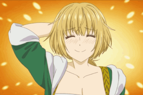 A Girl With Blonde Hair And A Green Shirt Is Smiling With Her Eyes Closed GIF