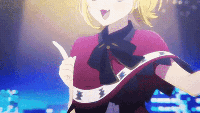 A Girl With Blonde Hair And A Red Cape Is Dancing On A Stage In An Anime . GIF