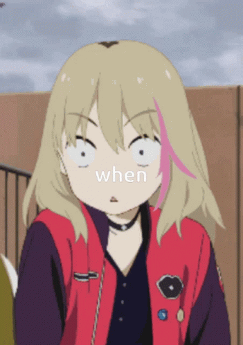 A Girl With Blonde Hair And A Red Jacket Is Making A Funny Face With The Word When Behind Her GIF