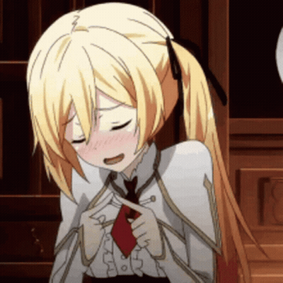 A Girl With Blonde Hair And A Red Tie Is Looking Down With Her Eyes Closed GIF