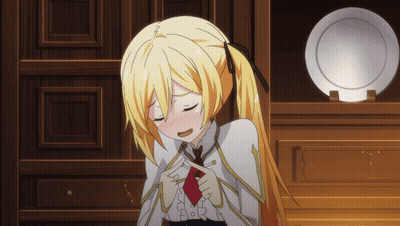 A Girl With Blonde Hair And A Red Tie Is Sitting In Front Of A Plate GIF