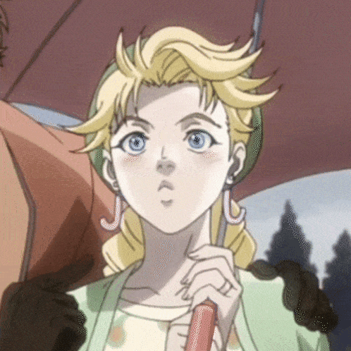 A Girl With Blonde Hair And Blue Eyes Is Holding An Umbrella In Her Hand . GIF