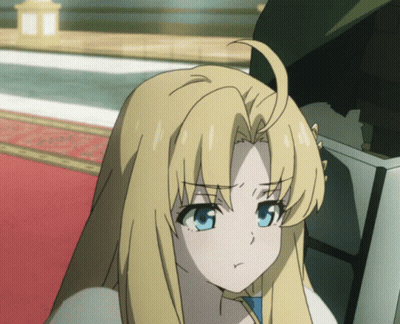 A Girl With Blonde Hair And Blue Eyes Is Looking At Something GIF