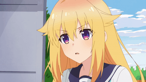 A Girl With Blonde Hair And Blue Eyes Is Looking At The Camera GIF