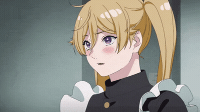 A Girl With Blonde Hair And Blue Eyes Is Wearing A Black Dress GIF