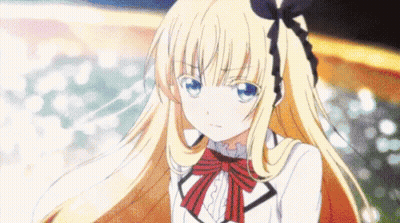 A Girl With Blonde Hair And Blue Eyes Is Wearing A Red Bow Tie And A White Dress . GIF