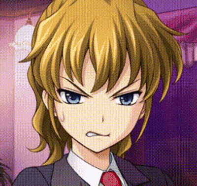 A Girl With Blonde Hair And Blue Eyes Is Wearing A Suit And Red Tie GIF
