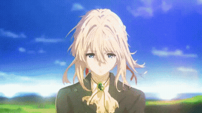 A Girl With Blonde Hair And Blue Eyes Is Wearing A Suit And Tie And Standing In A Field . GIF