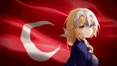 A Girl With Blonde Hair And Blue Eyes Stands In Front Of A Red And White Flag GIF