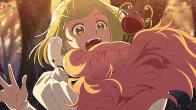 A Girl With Blonde Hair And Pink Hair Is Holding A Red Apple In Her Mouth GIF