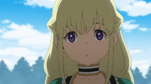A Girl With Blonde Hair And Purple Eyes Looks At The Camera With A Blue Sky In The Background GIF