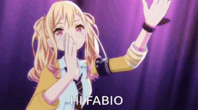 A Girl With Blonde Hair And Red Eyes Is Covering Her Mouth With Her Hands And Says Hi Fabio GIF